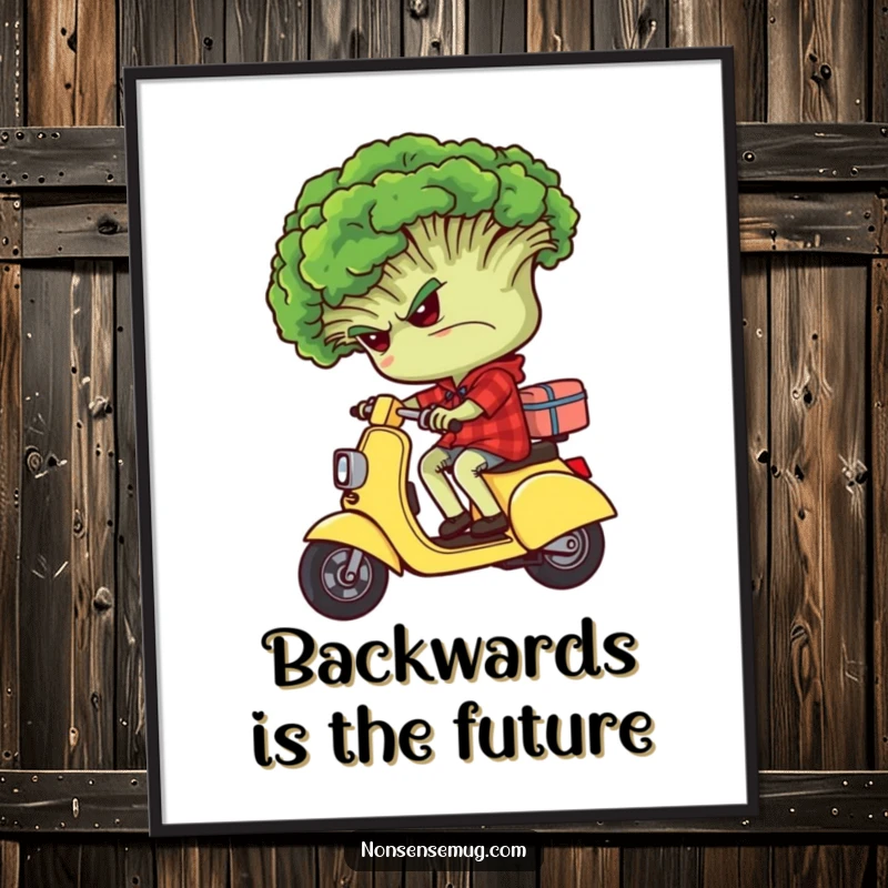 Funny grumpy broccoli character riding backwards on a tiny scooter, as a digital art print.