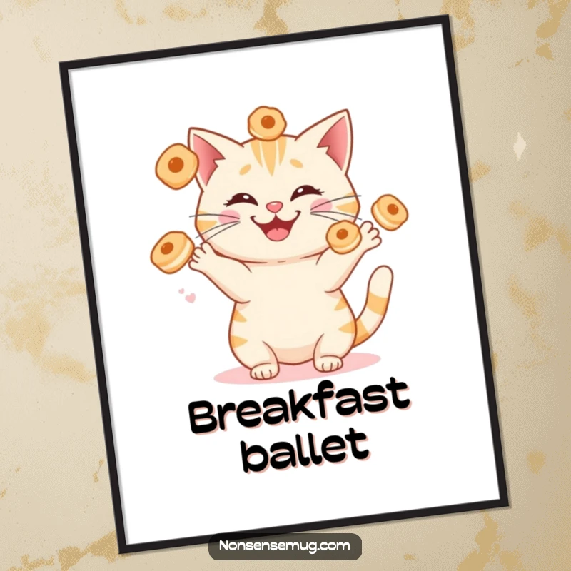 Funny cat juggling sentient breakfast pastries with a silly grin, as a high-resolution digital art print. Instantly downloadable humor.