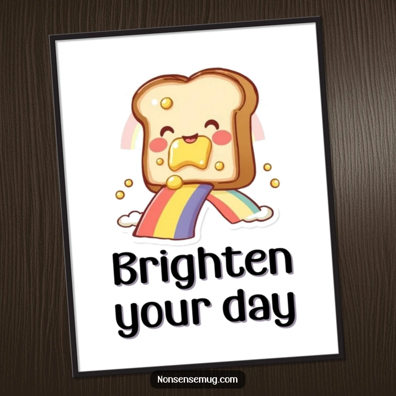 Funny smiling toast character, on a rainbow slide, digital art print, a cheerful funny gift.