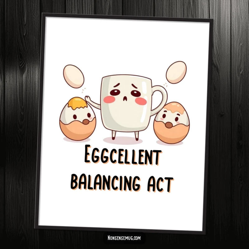 Funny digital art print of a bewildered coffee mug attempting to juggle eggs, perfect for humorous and relatable decor.