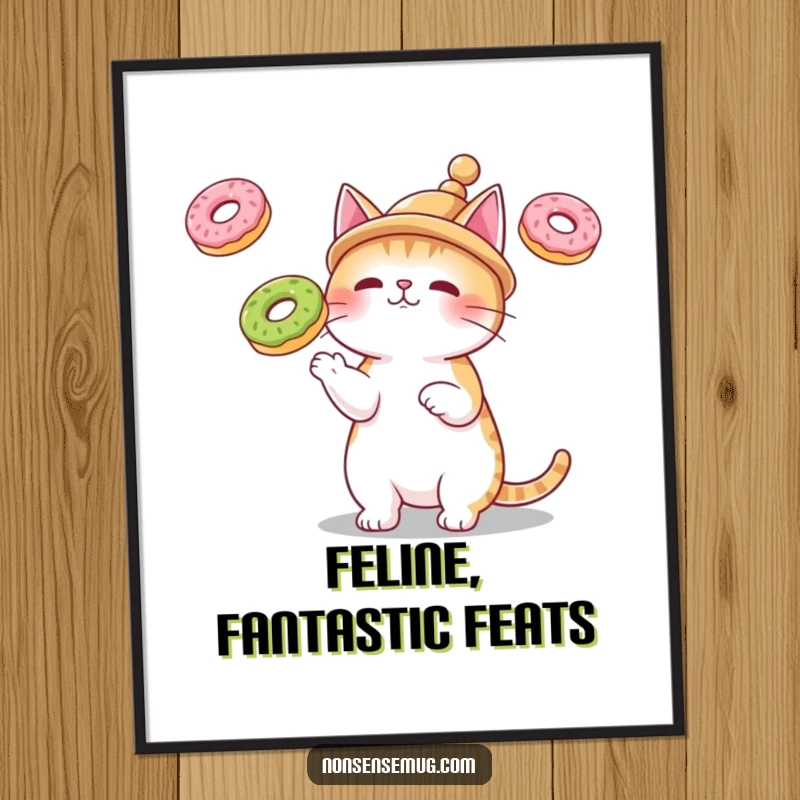 Funny digital art print of a cat in a tiny hat, juggling three floating donuts, offering instant whimsical wall art.