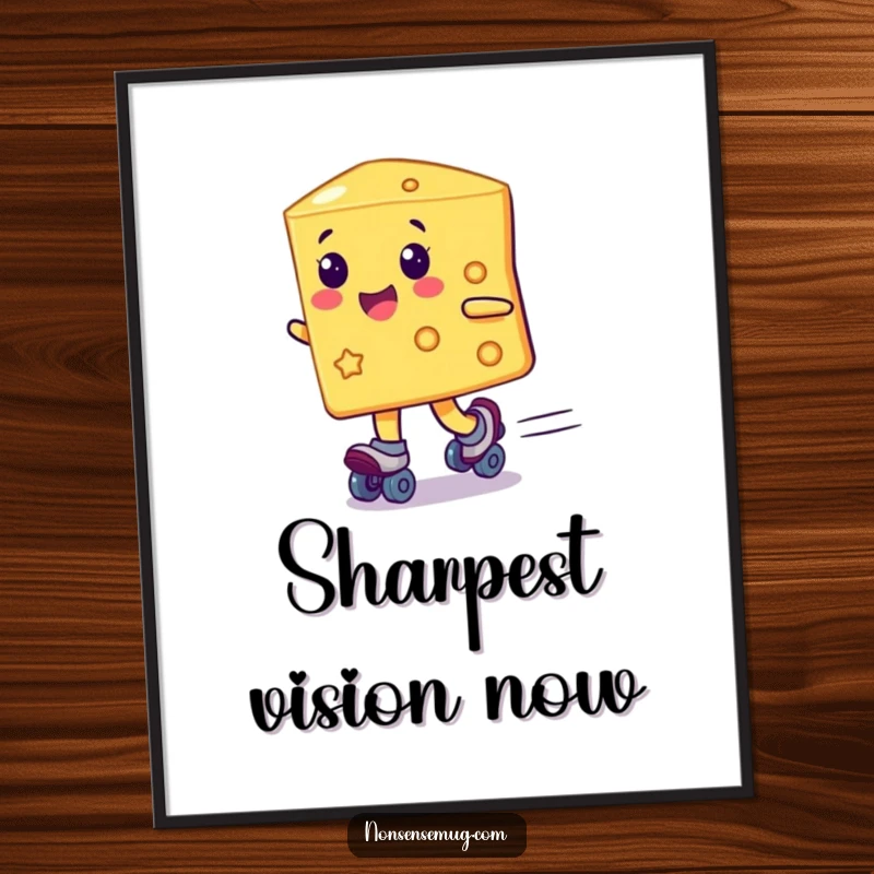 Funny cheese slice characer on roller skates, captured in a dynamic pose, digital art print, great funny gift.