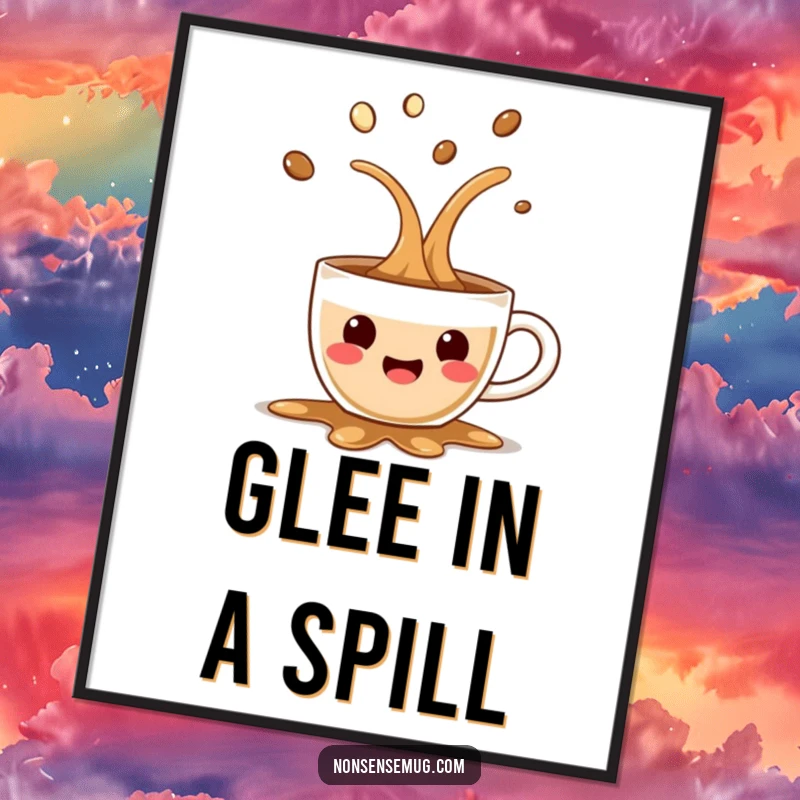 Funny digital art print of a surprised coffee cup joyfully spilling, offering a whimsical and humorous morning illustration for instant download.