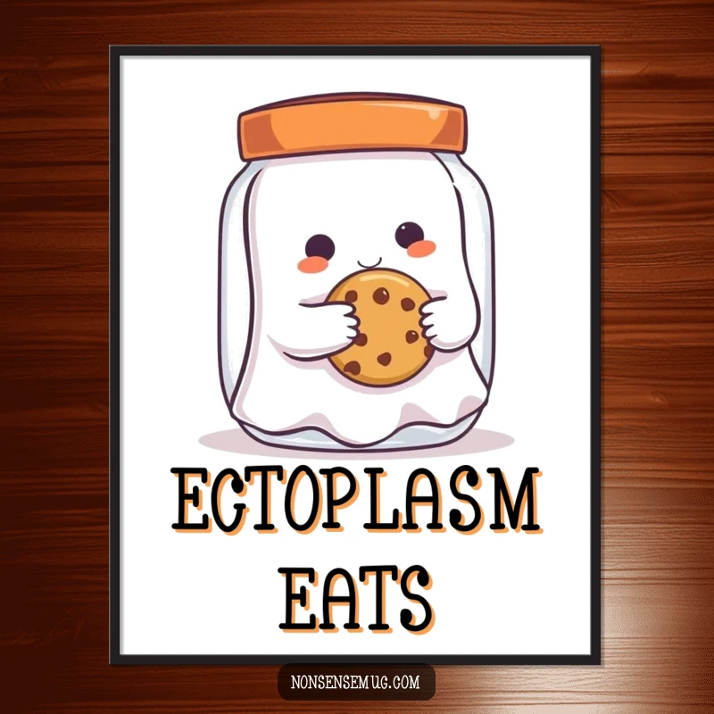 Funny playful ghost, trying to steal a cookie, as a printable digital art, full of whimsical spookiness and charm.