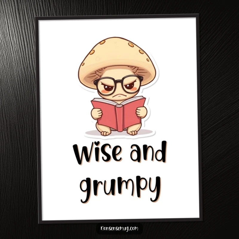Funny digital art print of a grumpy mushroom wearing glasses, engrossed in reading a miniature book, radiating quiet wisdom.