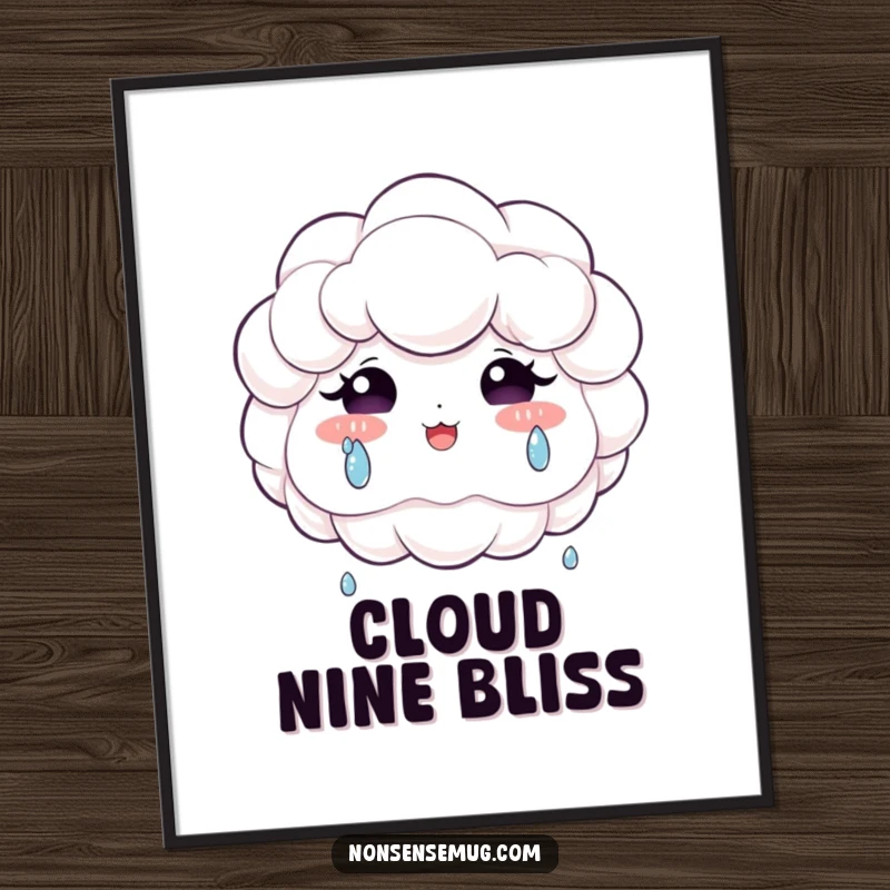 Funny digital art print of a fluffy cloud shedding large, glittering tears of pure, overwhelming happiness and joy.