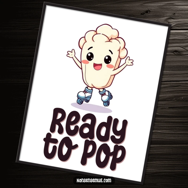 Funny bouncing popcorn kernel wearing tiny roller skates and looking exhilarated, as a digital art print, a dynamic funny gift.