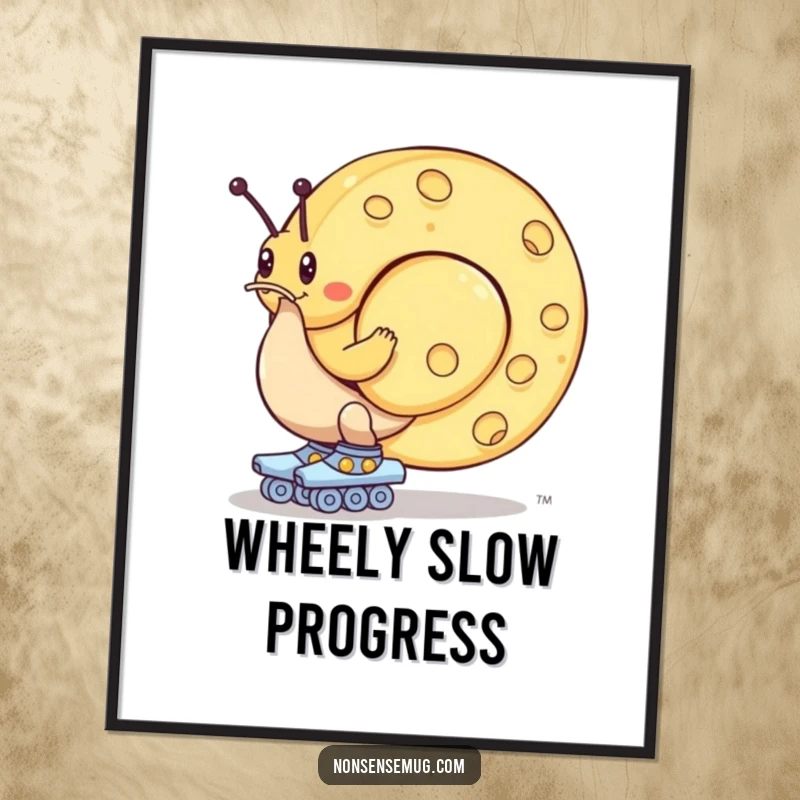 Funny digital art: A snail on roller skates struggles to push a giant wheel of cheese, a depiction of determined effort.