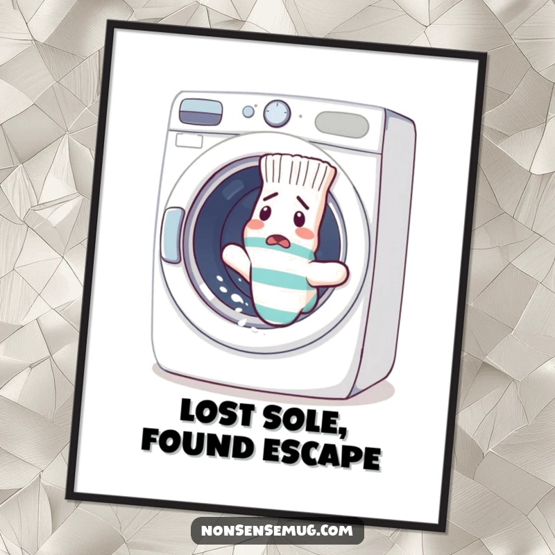 Funny sock attempting a frantic escape from a washing machine, rendered as digital art. Hilarious and easy funny gift for decorators.