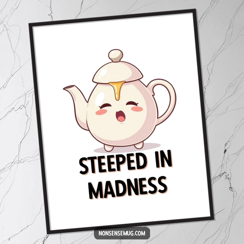 Funny digital art: A teapot aggressively pours hot tea onto its own lid, a comical depiction of self-inflicted chaos.