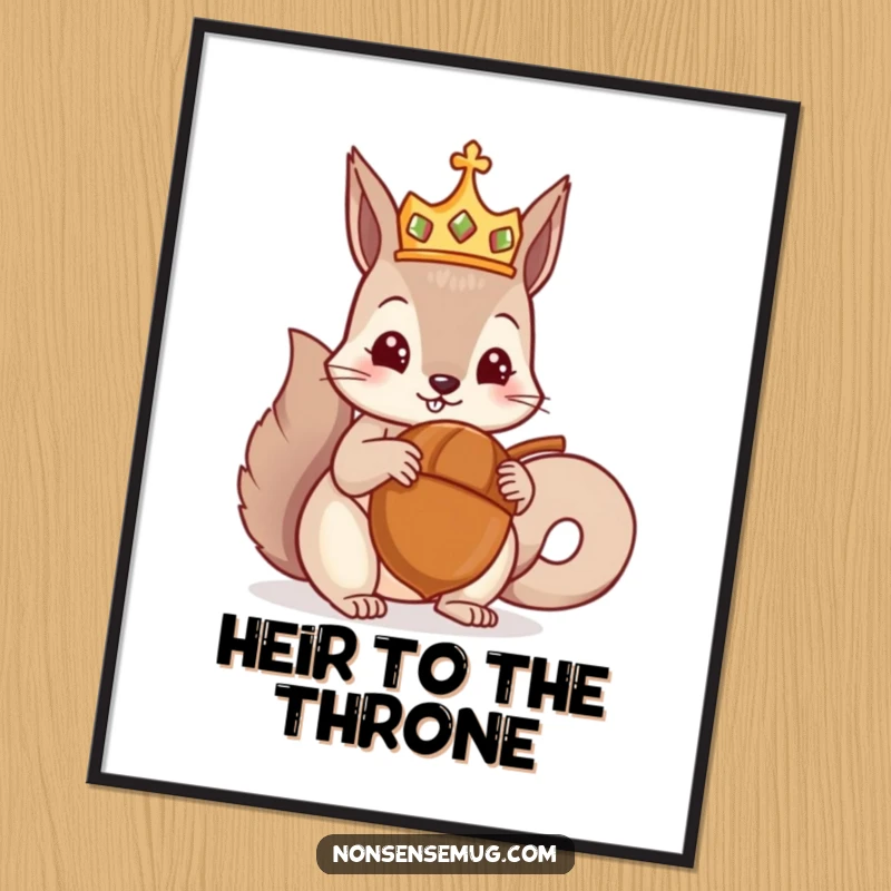 Funny digital art print of a crowned squirrel being presented with a giant acorn, symbolizing nutty ambition and regal humor, perfect funny gift.