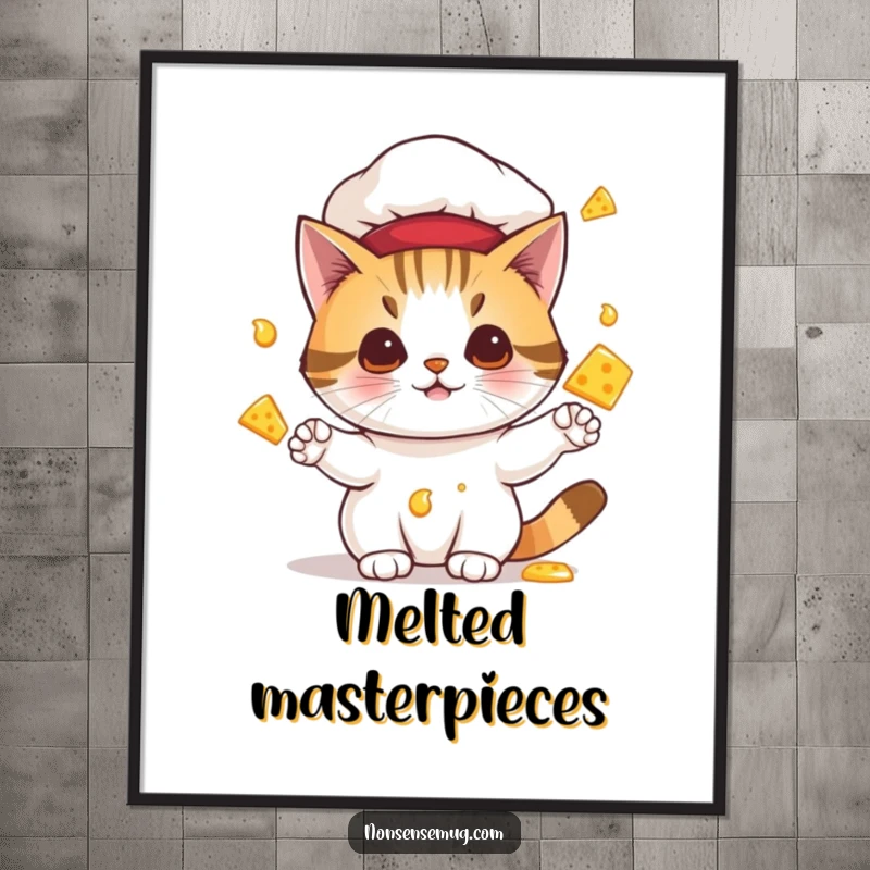Funny digital art print of a cat chef juggling melting cheese, ready for instant download and humorous wall decor.
