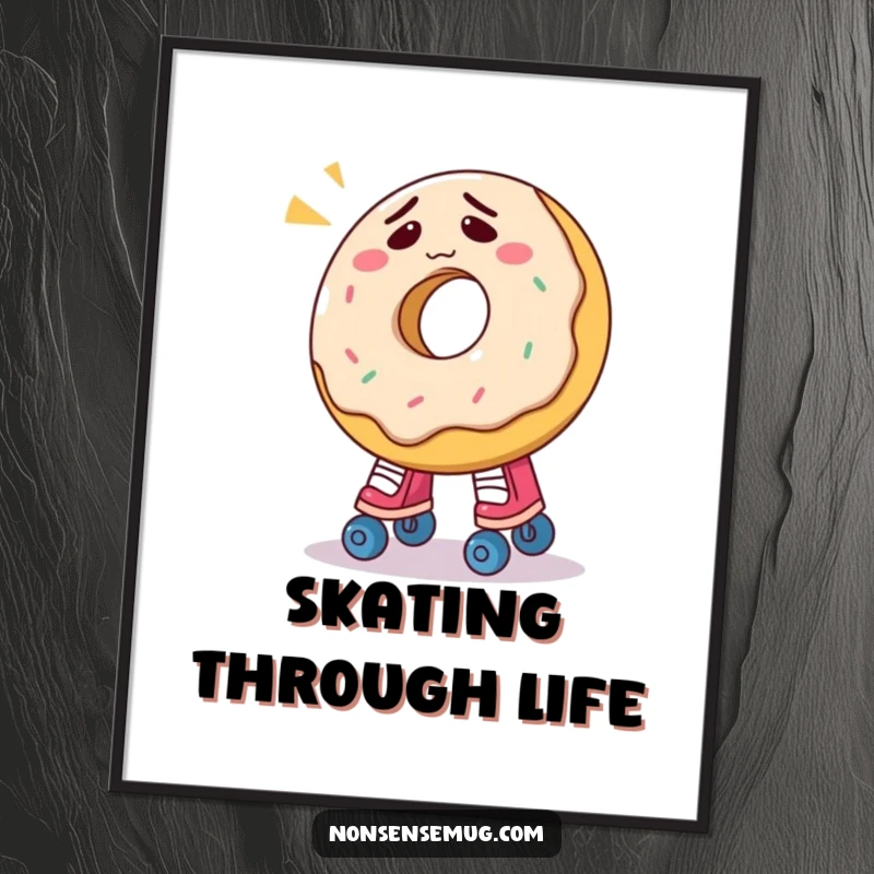 Funny donut digital art print of a confused donut comically trying to wear roller skates, bringing whimsical humor to any wall.