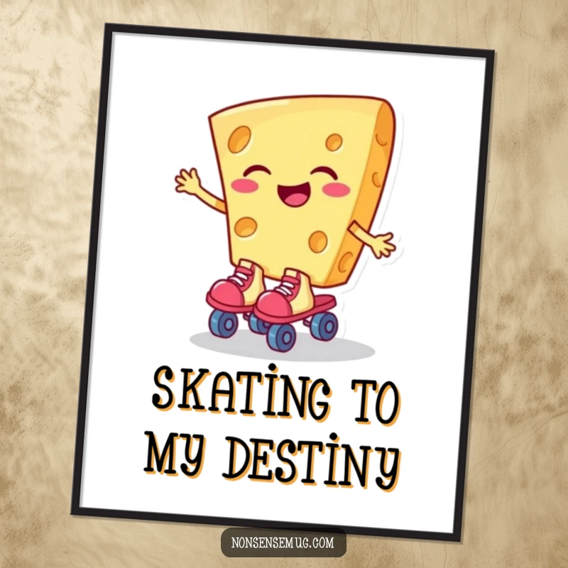 Funny digital art print of a giggling slice of cheese wearing roller skates, perfect for whimsical and humorous decor.