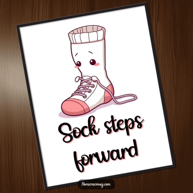 Funny sentient sock, tying its laces, as a printable digital art, full of whimsical charm and relatable humor.