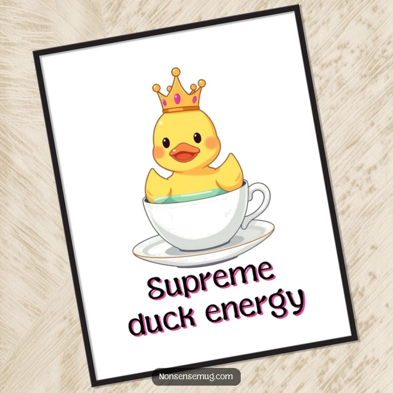 Funny rubber duck wearing a tiny crown, floating in a teacup, as a digital art print.