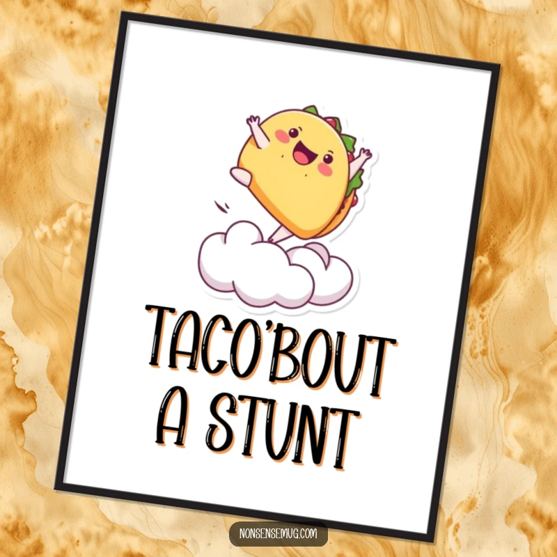 Funny digital art print of a playful taco doing a backflip off a cloud, perfect for vibrant and humorous decor.