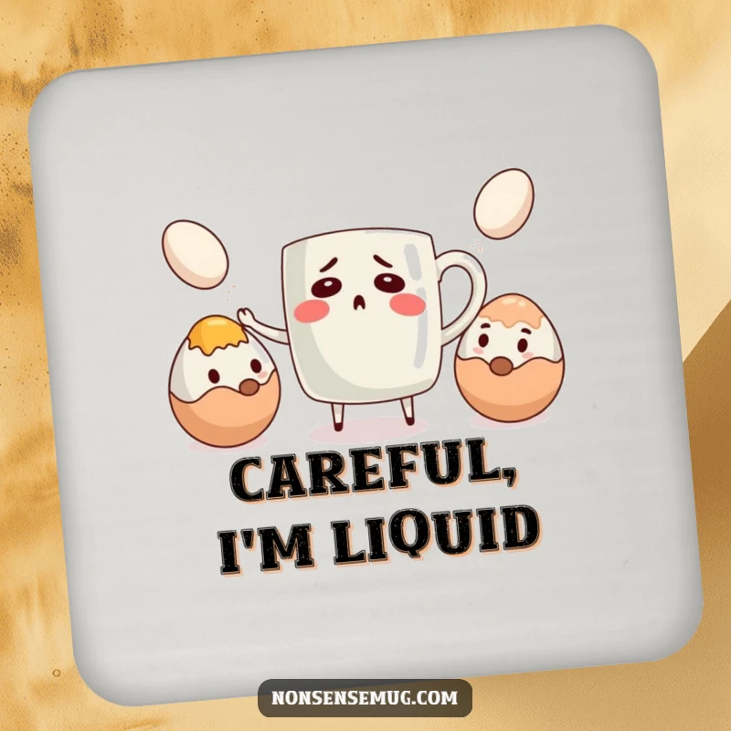 Funny drink coaster featuring a bewildered coffee mug attempting to juggle eggs, adding humorous morning chaos to any surface.