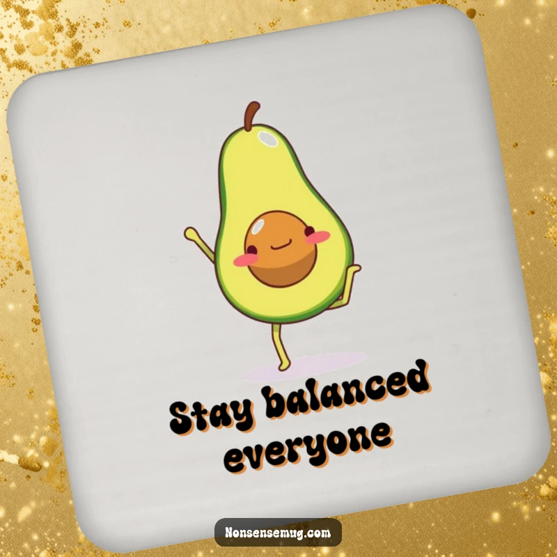 Funny drink coaster design of an avocado with legs attempting a handstand, adding a playful and healthy vibe to any surface.