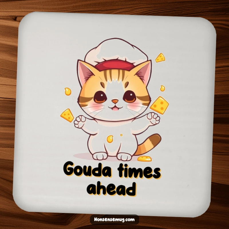 Funny drink coasters set with a cat chef juggling melting cheese, offering humorous and feline-themed surface protection.