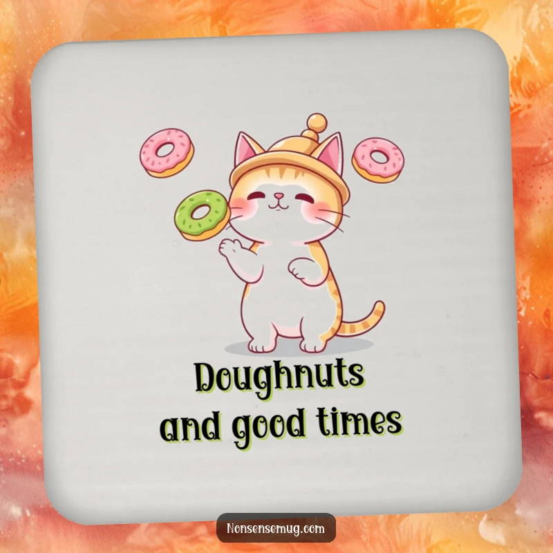 Funny coaster with a cat wearing a small hat, juggling three floating donuts, protecting surfaces with charm and humor.