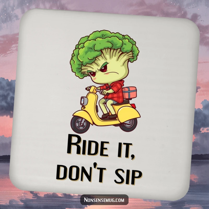 Funny grumpy broccoli character riding backwards on a tiny scooter on a charming drink coaster.