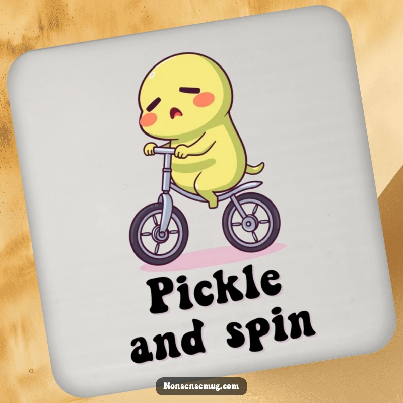 Funny Pickle Coaster: A durable coaster depicting a determined pickle character skillfully riding a unicycle, adding humor to beverage service.