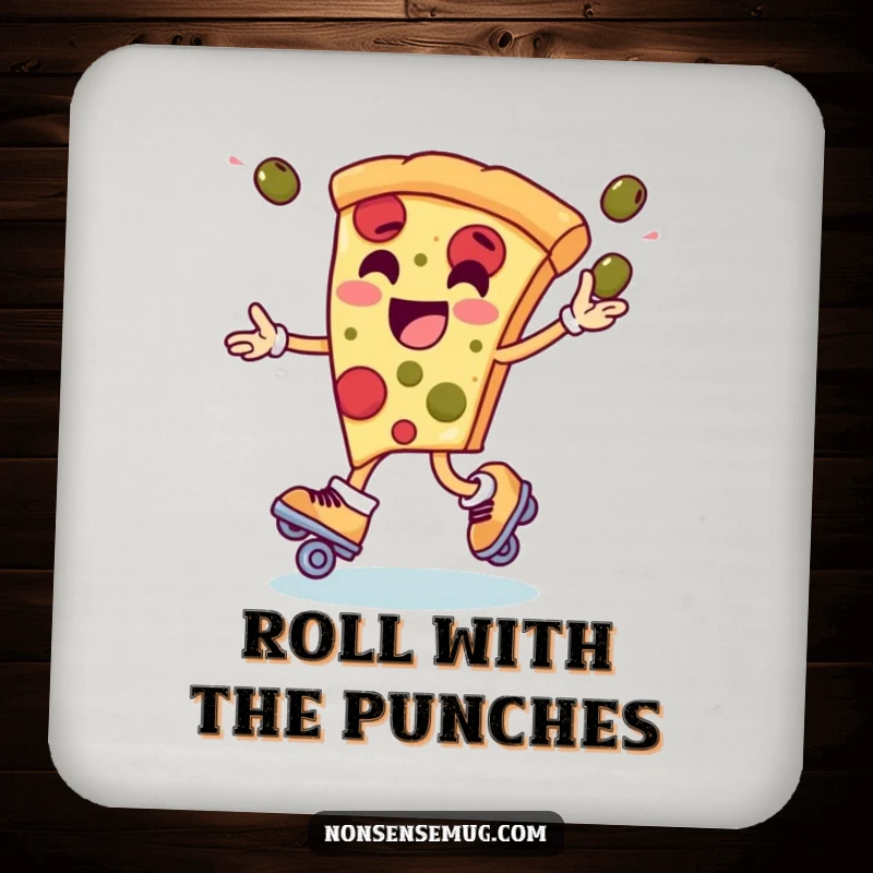 Funny drink coaster design of a pizza slice on roller skates, actively juggling olives, adding a playful touch to any surface.
