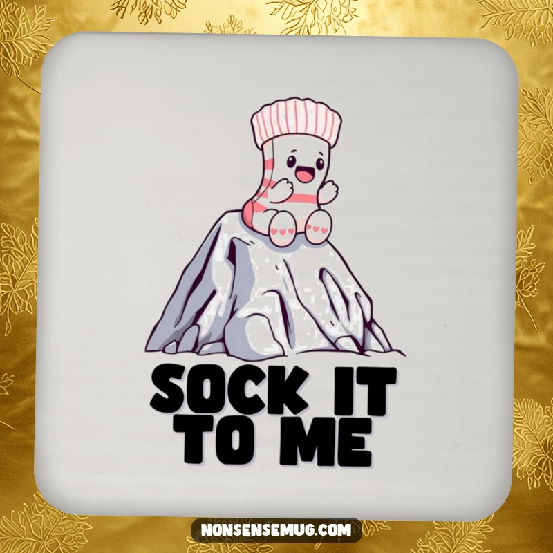 Funny sock coaster with a brave sock climbing a laundry mountain, a humorous and protective tabletop accessory.