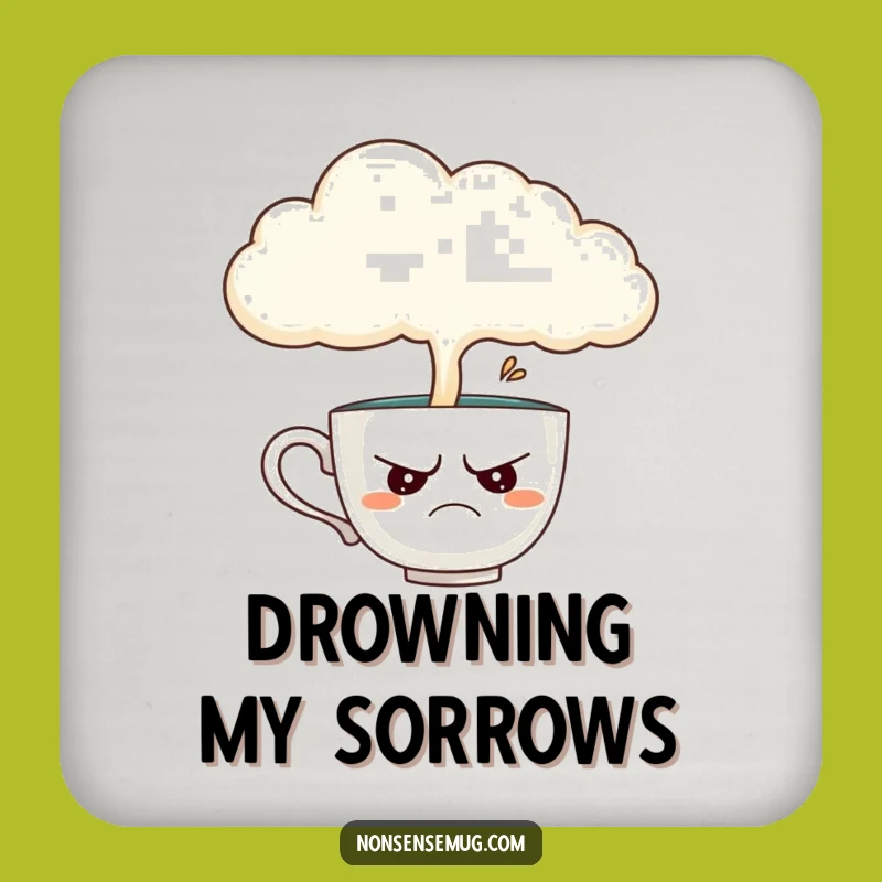 Funny Teacup Drink Coaster: Disgruntled Teacup Under Rainy Cloud, Protect Surfaces Sarcastically