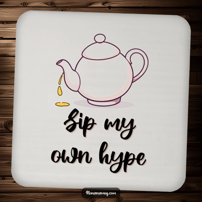 Funny teapot illustration, pouring tea into its own spout, on a charming drink coaster.