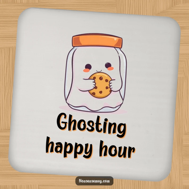 Funny mischievous ghost, reaching for a cookie, printed on a drink coaster, adding spectral humor and protecting surfaces.