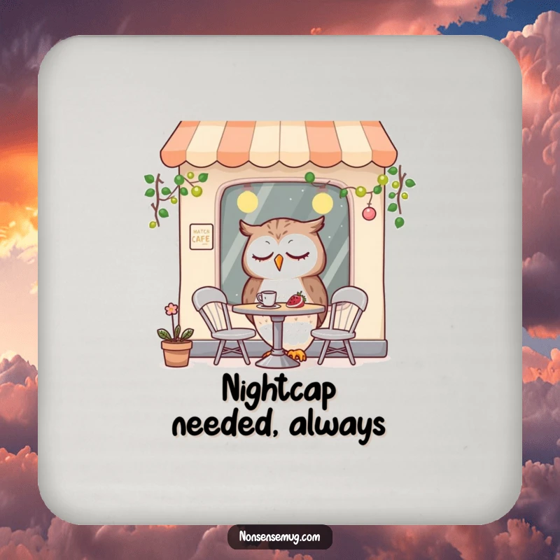 Funny drink coasters featuring a sleepy owl character dining in a miniature cafe, protecting surfaces with cute humor.