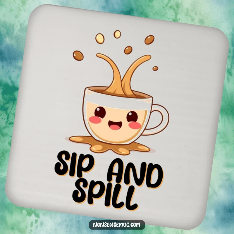 Funny drink coaster with a surprised coffee cup spilling joyfully, protecting surfaces with a dose of morning-themed amusement.
