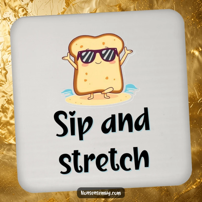 Funny slice of toast in sunglasses doing a yoga pose on a beach, on a drink coaster.