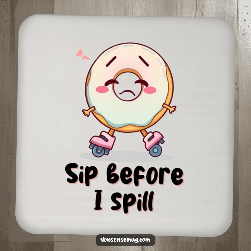 Funny Coasters (4-pack) featuring a confused donut hilariously trying to skate, protecting surfaces with a humorous design.