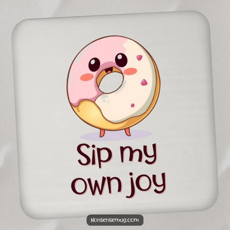 Funny donut coaster, a small protector featuring a playful donut trying to eat itself, perfect for tables.
