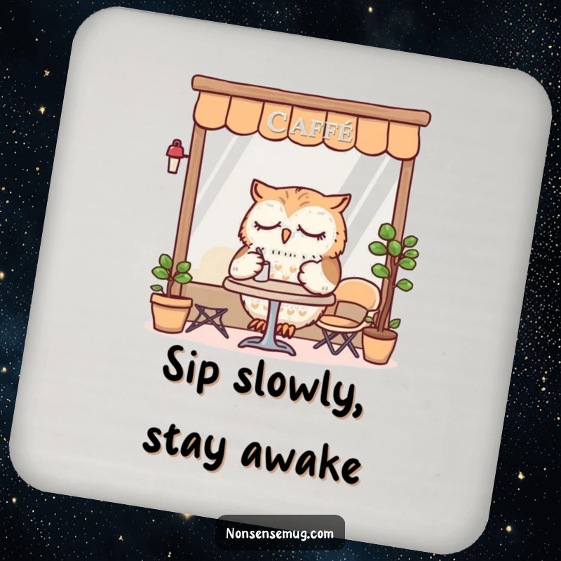 Funny Coasters (4-pack) featuring a sleepy owl dining at a tiny cafe, protecting surfaces with a charming and humorous design.