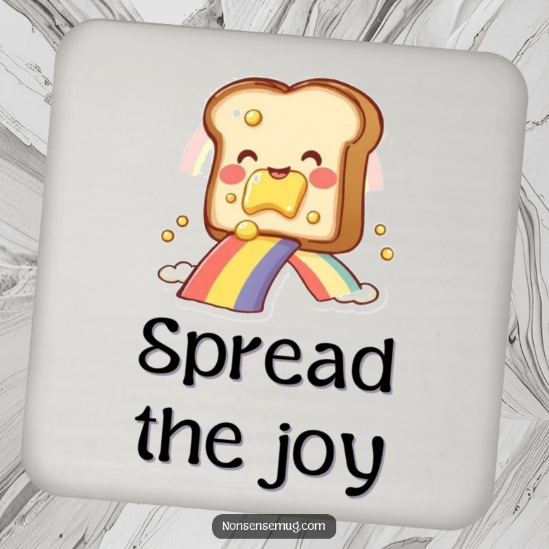 Funny toast with butter, on a rainbow slide, printed on a protective coaster, a charming funny gift.