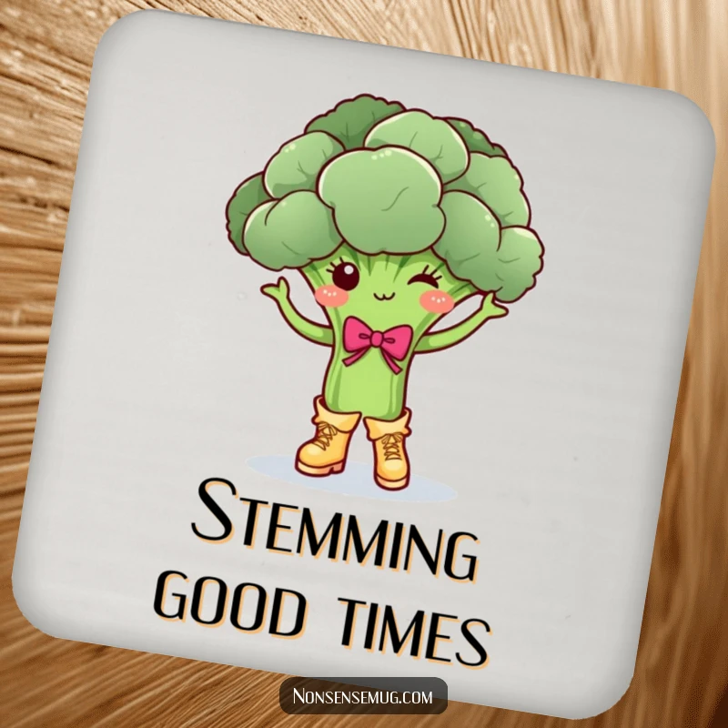 Funny broccoli character, dancing with boots and a bow, on a protective coaster, a fun funny gift.