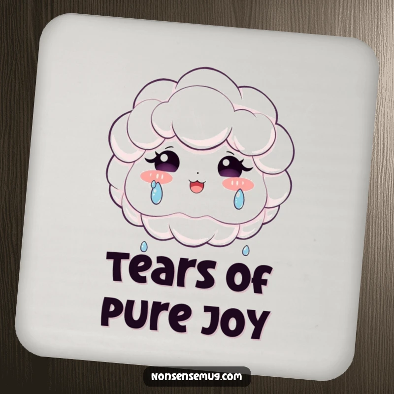 Funny drink coaster design of a fluffy cloud happily shedding large, sparkling tears of joy, bringing cheer to tabletops.
