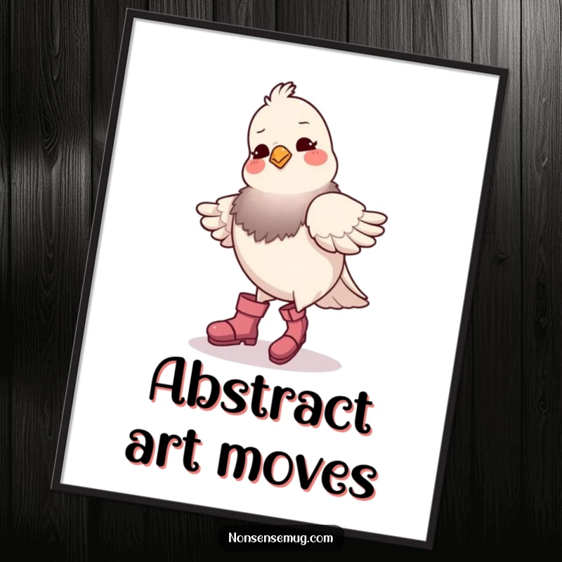 Funny pigeon wearing boots, hilariously attempting to dance, framed as quirky wall art, capturing a moment of pure, comical effort.