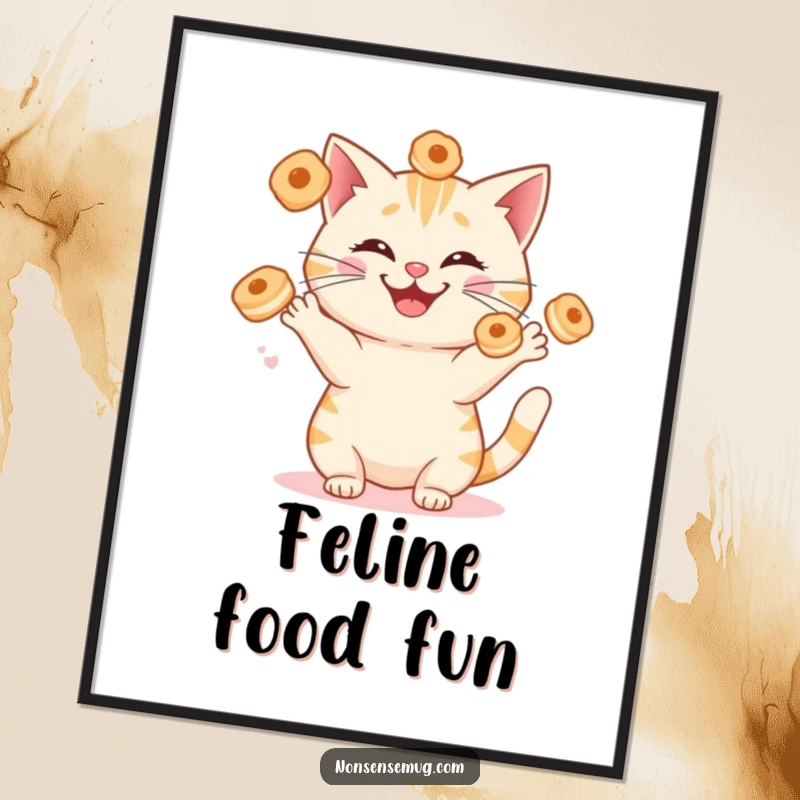 Funny cat juggling sentient breakfast pastries with a silly grin, presented as whimsical wall art. A delightful and humorous print.