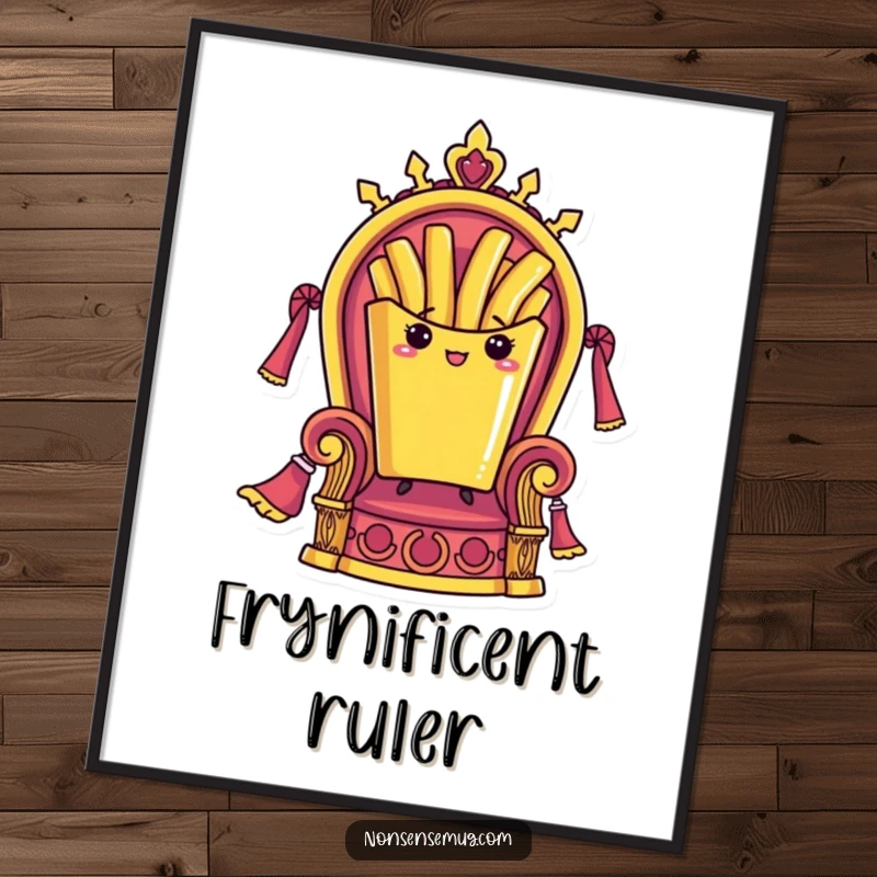 Funny poster print of a single French fry standing proudly on a throne, creating a humorous and regal statement piece.
