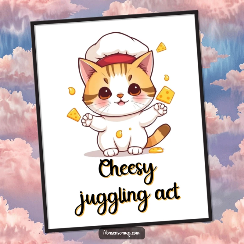 Funny poster art of a cat in a chef hat juggling melting cheese, a humorous and chaotic addition to wall decor.