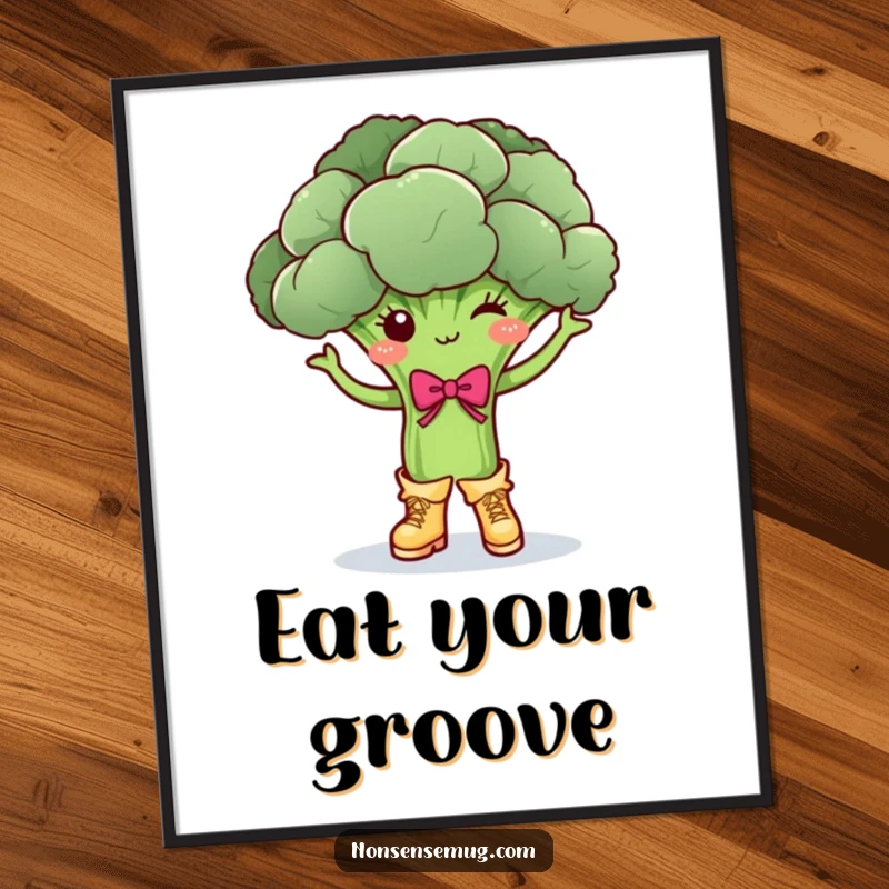 Funny broccoli, dancing with tiny boots and a bow, featured on a vibrant poster, an excellent funny gift.