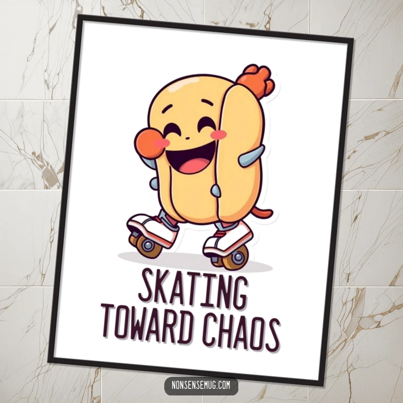 Funny poster: A cartoon hot dog comically attempting roller skating, mid-fall with a wide grin. Emotive and humorous wall decor.