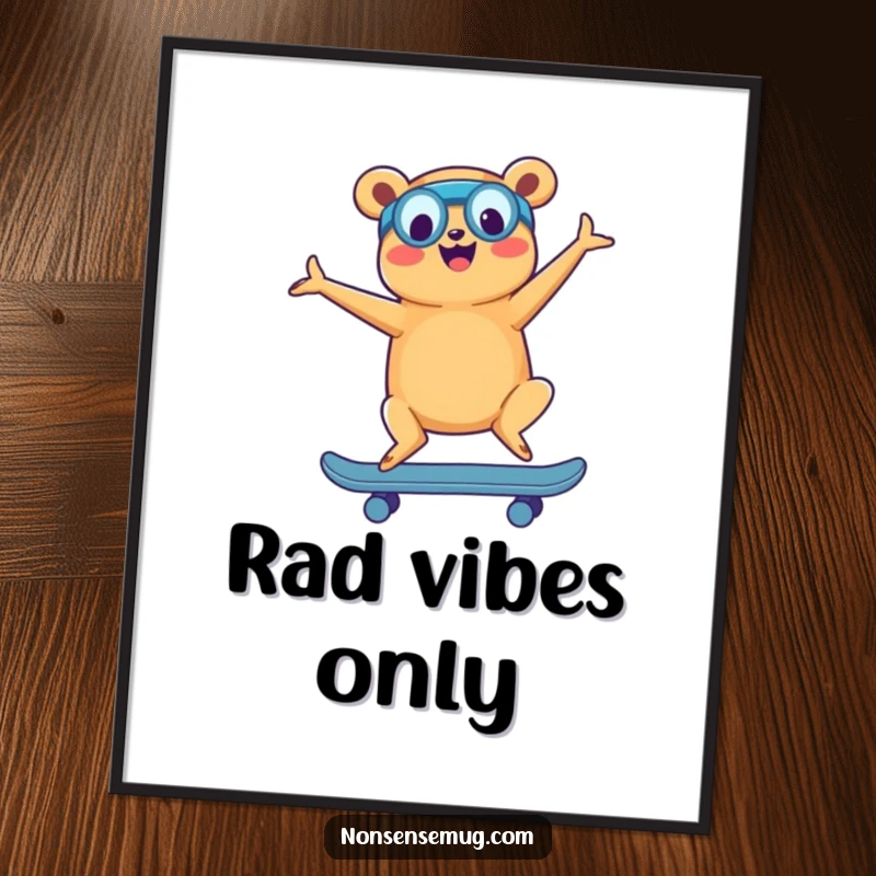 Funny poster of a happy hot dog in a yoga stance on a skateboard, bringing quirky charm and humor to any room.