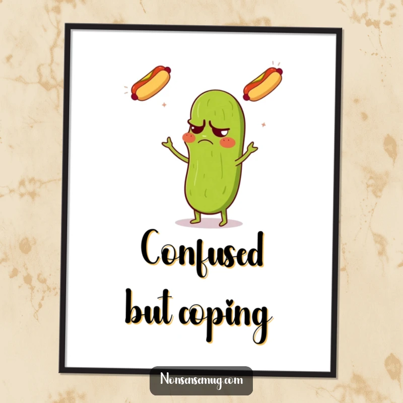 Funny poster art of a grumpy pickle with a confused expression, juggling three flying hot dogs with surprising dexterity.