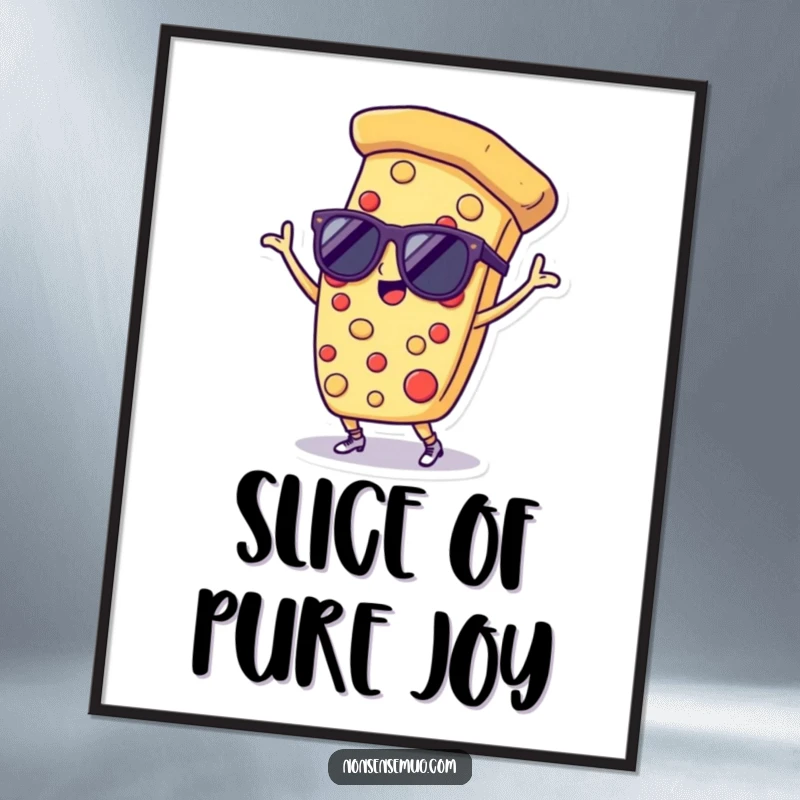 Funny poster print of a pizza slice wearing sunglasses and dancing with abandon, adding a lively and humorous touch to decor.